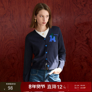 丽雪leisure2025冬季新款V领开衫针织衫长袖单排扣提花毛衫女