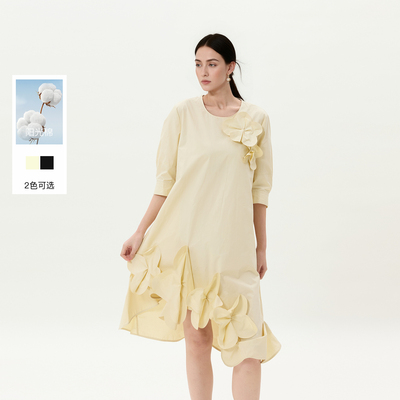 【100棉】丽雪leisure2026春季新款圆领花朵连衣裙宽松中长裙
