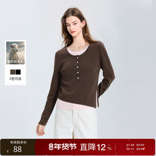 【绵羊毛】三彩丽雪leisure25冬新款假两件针织衫圆领套头毛衣女