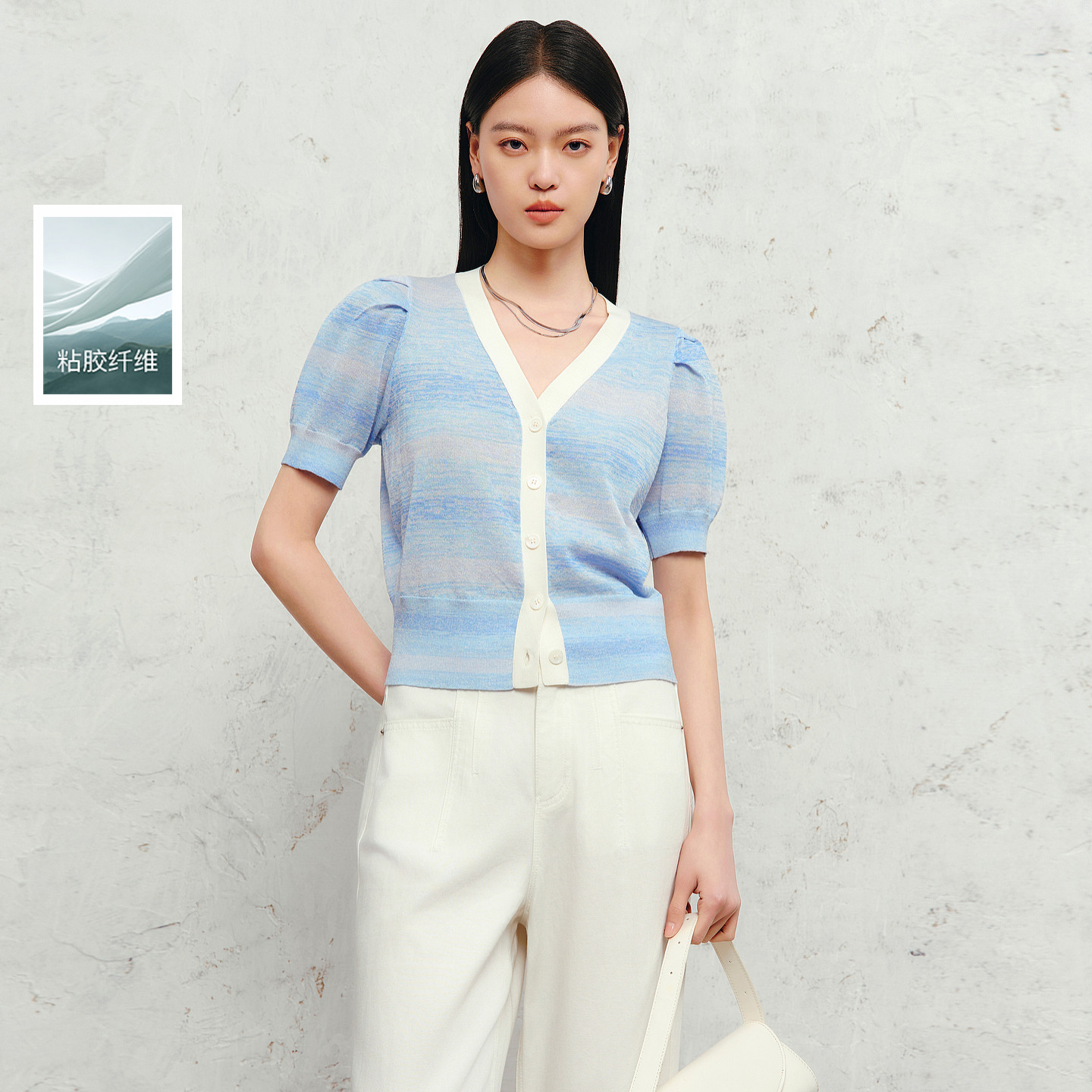 丽雪leisure2026夏季新款V领针织衫泡泡袖毛衫开衫女图片