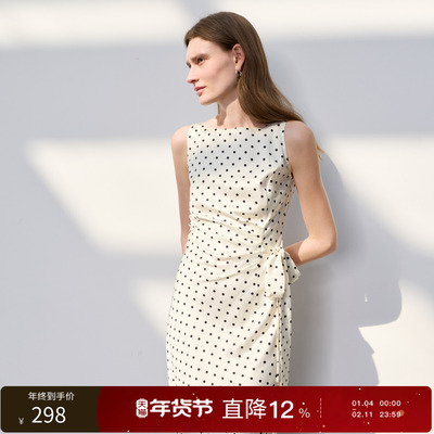 丽雪leisure2026春季新款一字领无袖连衣裙法式波点A字长裙女