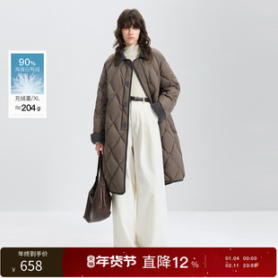 丽雪leisure2025冬季新款90白鸭绒羽绒服菱格长款保暖外套女