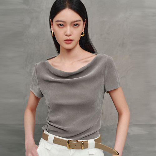 丽雪leisure2026夏季新款设计感荡领植绒短袖T恤套头上衣女