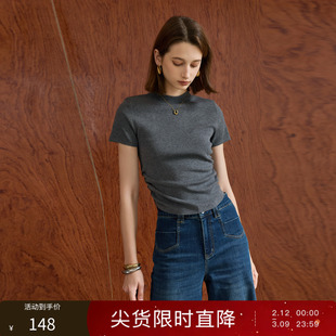 丽雪leisure2026春季新款小立领垫肩短袖修身针织衫套头毛衫