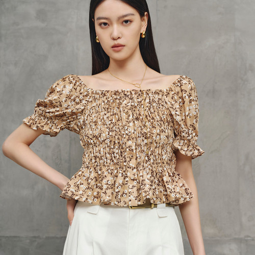 丽雪leisure2026夏季新款法式泡泡袖方领碎花衬衣短款上衣女