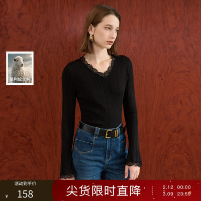 丽雪leisure2025冬季新款蕾丝花边V领针织衫长袖毛衫修身