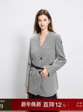 【绵羊毛】三彩丽雪leisure25秋新款V领收腰毛呢西装外套女上衣