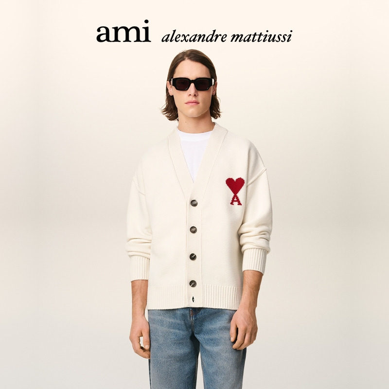 Ami Paris男女同款红色ADC美利奴羊毛开衫 V领外套,男装,针织衫/毛衣,淘宝优惠券,粉丝福利购,淘宝优惠卷