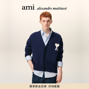 【早春新品】Ami Paris男女同款墨色羊毛棉混纺ADC开衫 V领针织衫