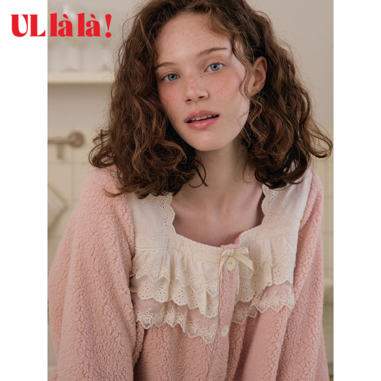 Ullala新品韩国乌拉拉进口甜美方领睡衣套装保暖珊瑚绒加绒家居服