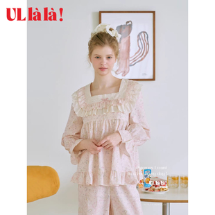 Ullala乌拉拉韩国进口方领印花纯棉睡衣女长袖公主家居服套装春秋