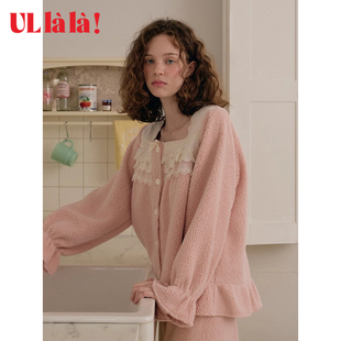 Ullala乌拉拉甜美方领睡衣女粉色家居服珊瑚绒套装冬季厚款上衣