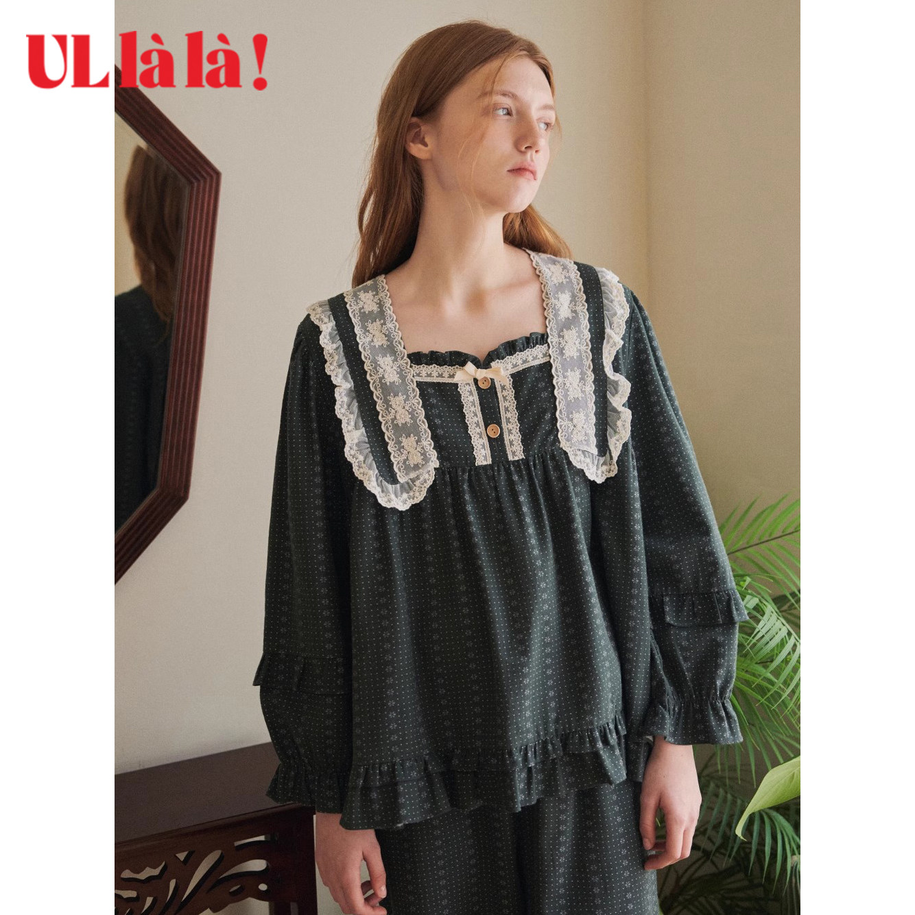 Ullala韩国乌拉拉进口睡衣女士轻磨毛纯棉长袖长裤家居服套装秋冬