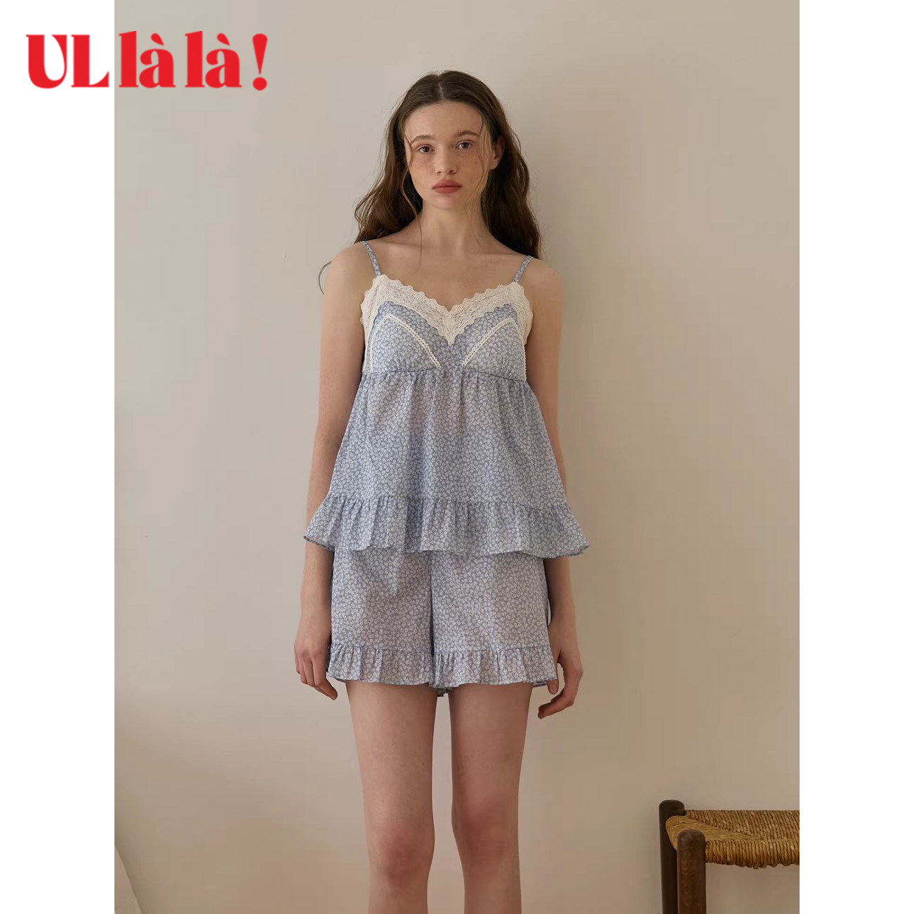 Ullala乌拉拉甜美吊带睡衣套装女夏纯棉蕾丝花边V领带胸垫家居服