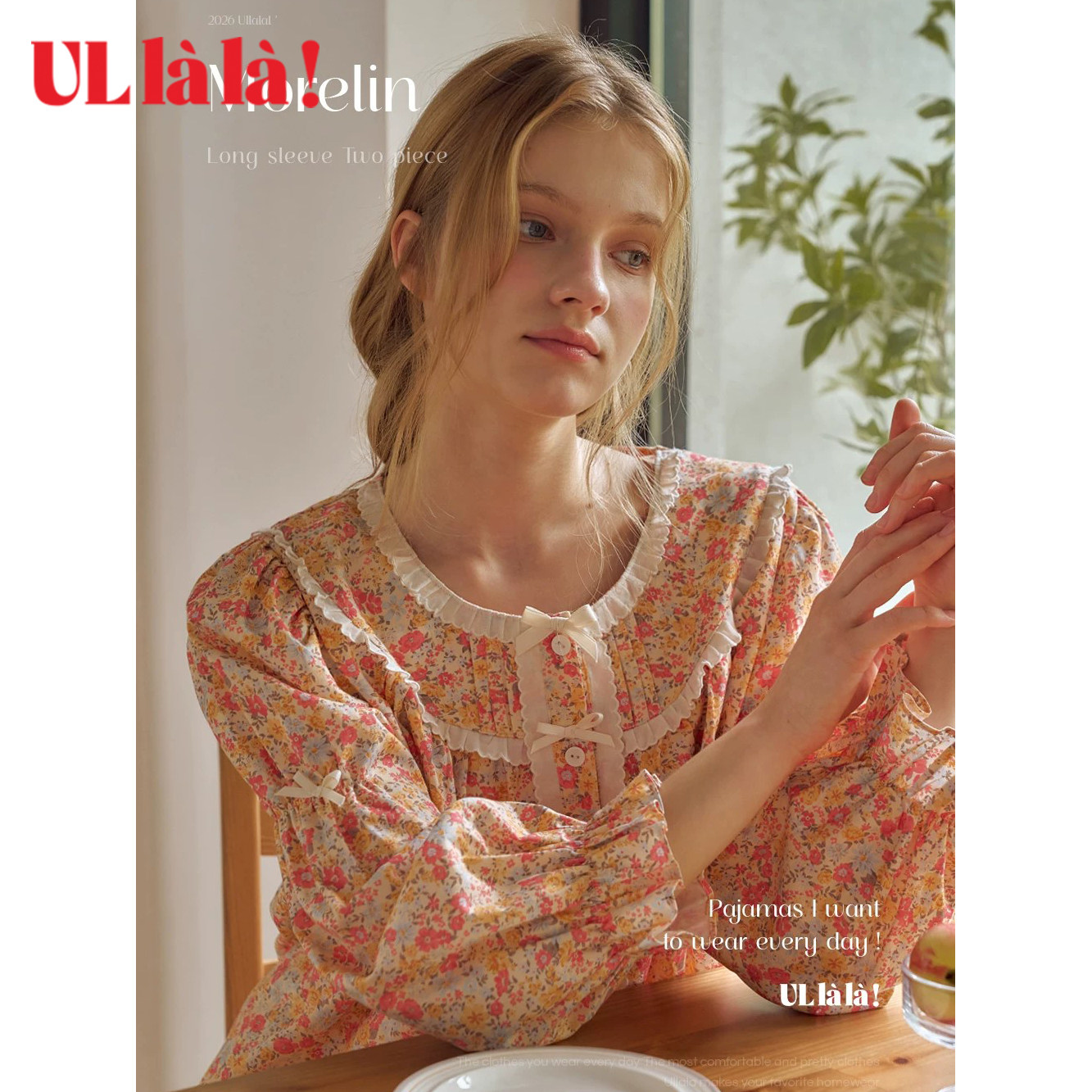 Ullala纯棉碎花蕾丝睡衣套装圆领