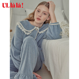ULLALA韩国冬季家居服两件套珊瑚绒蕾丝加绒娃娃领睡衣睡裤套装女