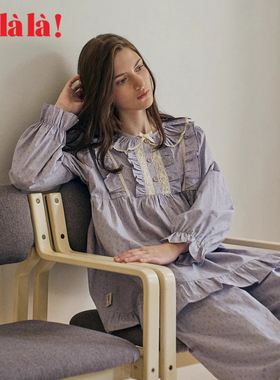 Ullala家居服乌拉拉秋冬纯棉套装圆领睡衣睡裤女甜美印花宽松进口