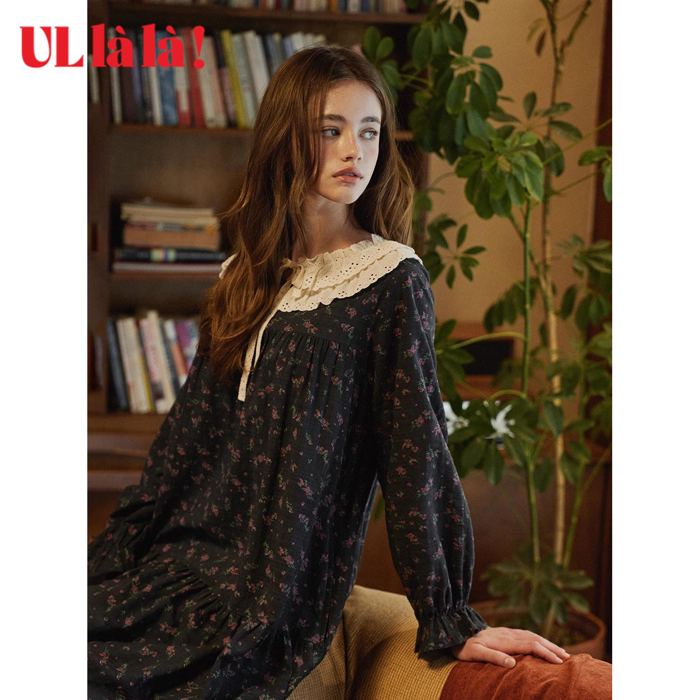 Ullala乌拉拉复古文艺风碎花睡裙女娃娃领长裙秋冬家居服甜美睡衣