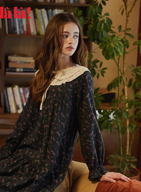 Ullala乌拉拉复古文艺风碎花睡裙女娃娃领长裙秋冬家居服甜美睡衣