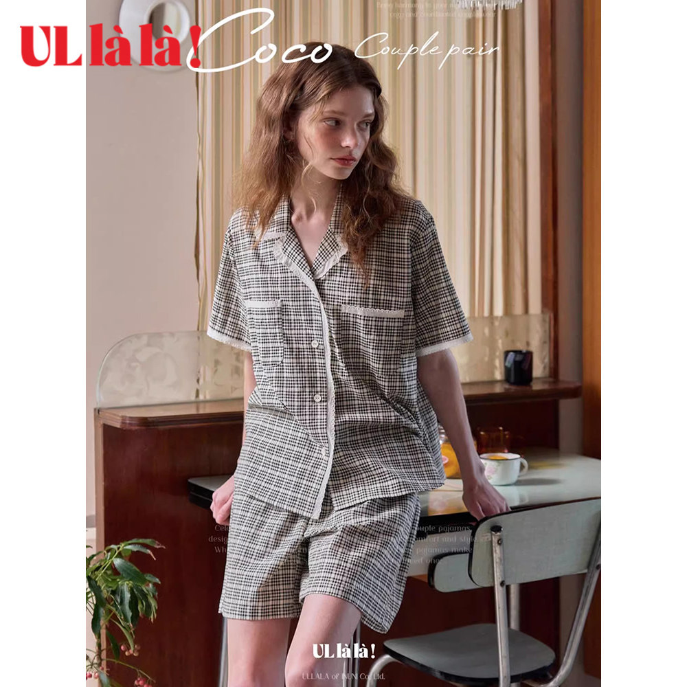 Ullala乌拉拉韩国进口家居服睡衣套装翻领简约格子短袖短裤夏胸垫,女士内衣/男士内衣/家居服,睡衣/家居服套装,淘宝优惠券,粉丝福利购,淘宝优惠卷