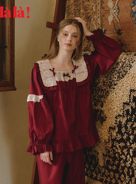 Ullala乌拉拉韩国进口睡衣女秋季纯棉长袖长裤家居服套装方领酒红