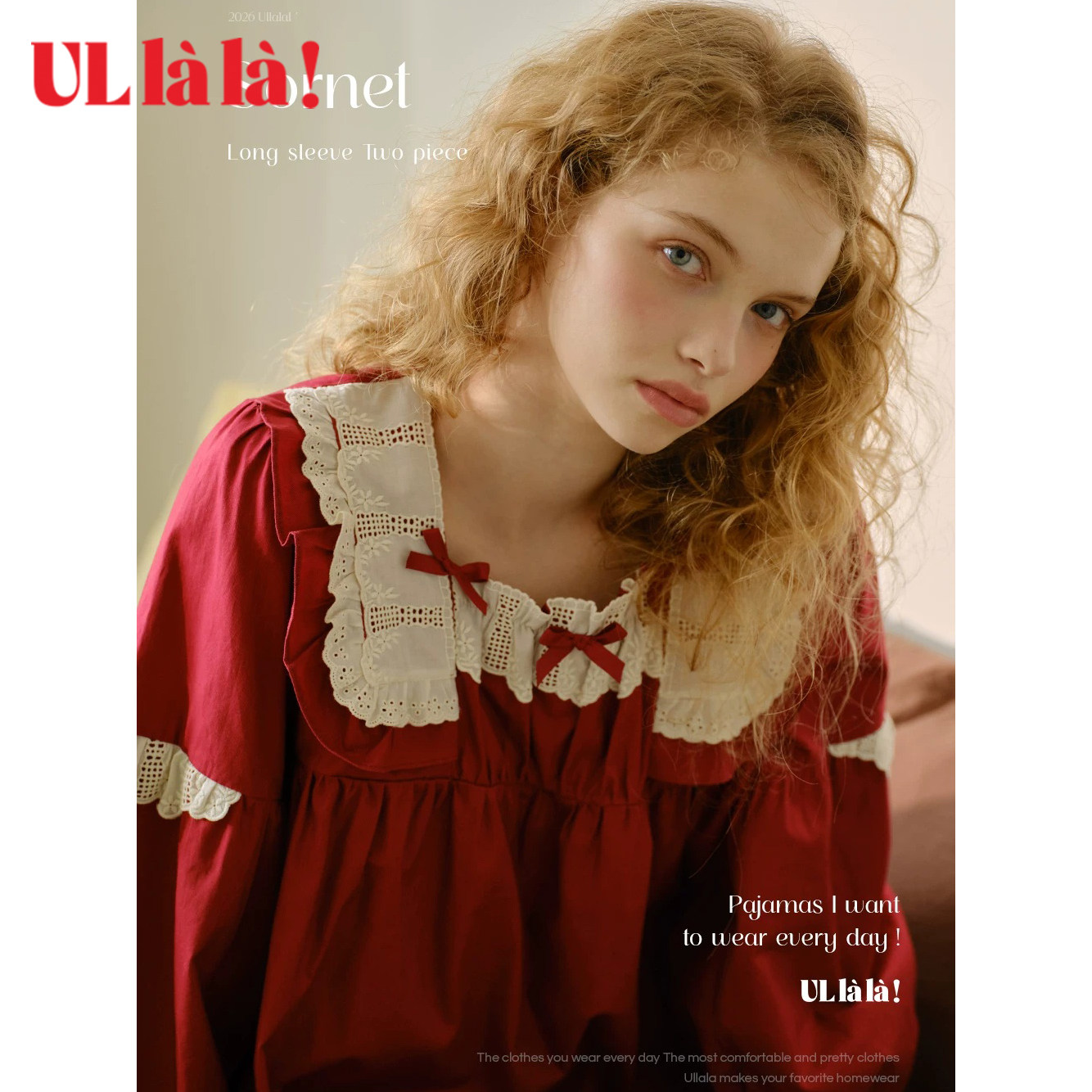 Ullala纯棉方领荷叶边睡衣女套装图片