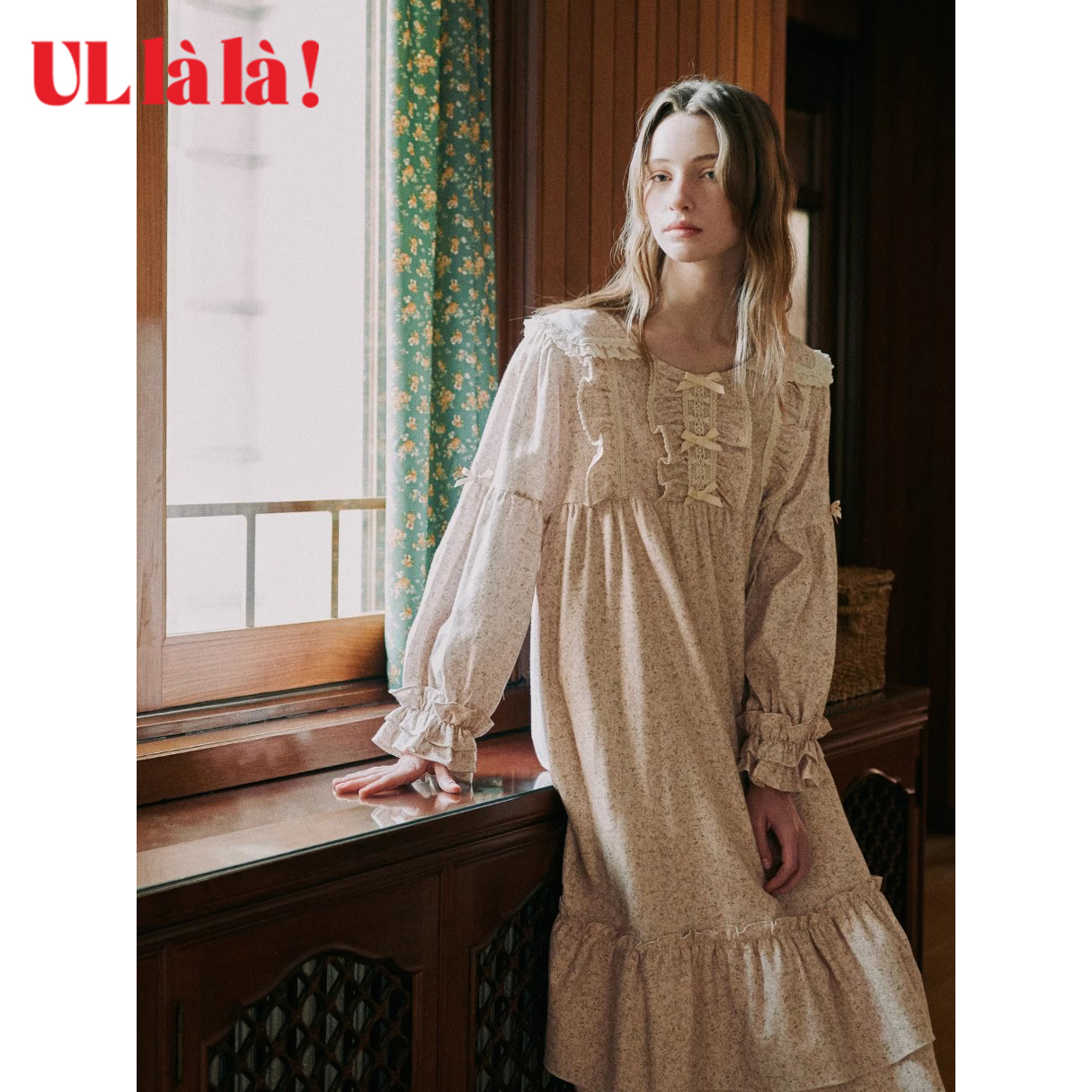 Ullala乌拉拉韩国进口睡裙女秋冬纯棉甜美娃娃领中长裙薄款带口袋