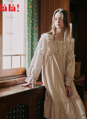 Ullala乌拉拉韩国进口睡裙女秋冬纯棉甜美娃娃领中长裙薄款带口袋