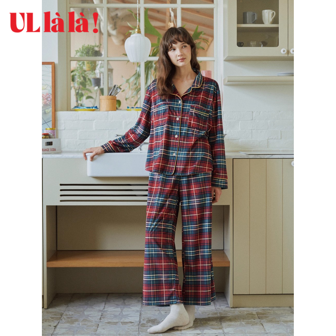 Ullala格子睡衣套装女长袖长裤