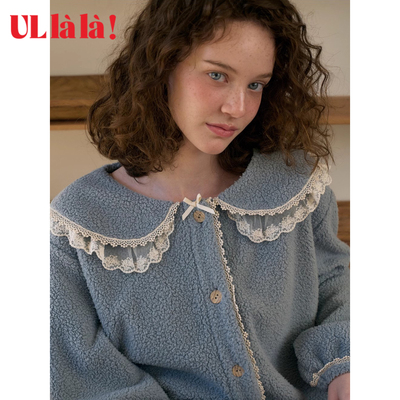 Ullala翻领蕾丝珊瑚绒睡衣套装