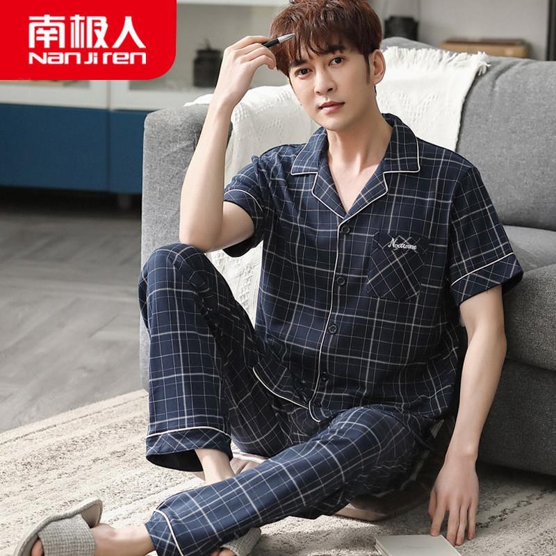 睡衣男夏100%纯棉短袖长裤薄款夏天男士中年大码家居服套装青年