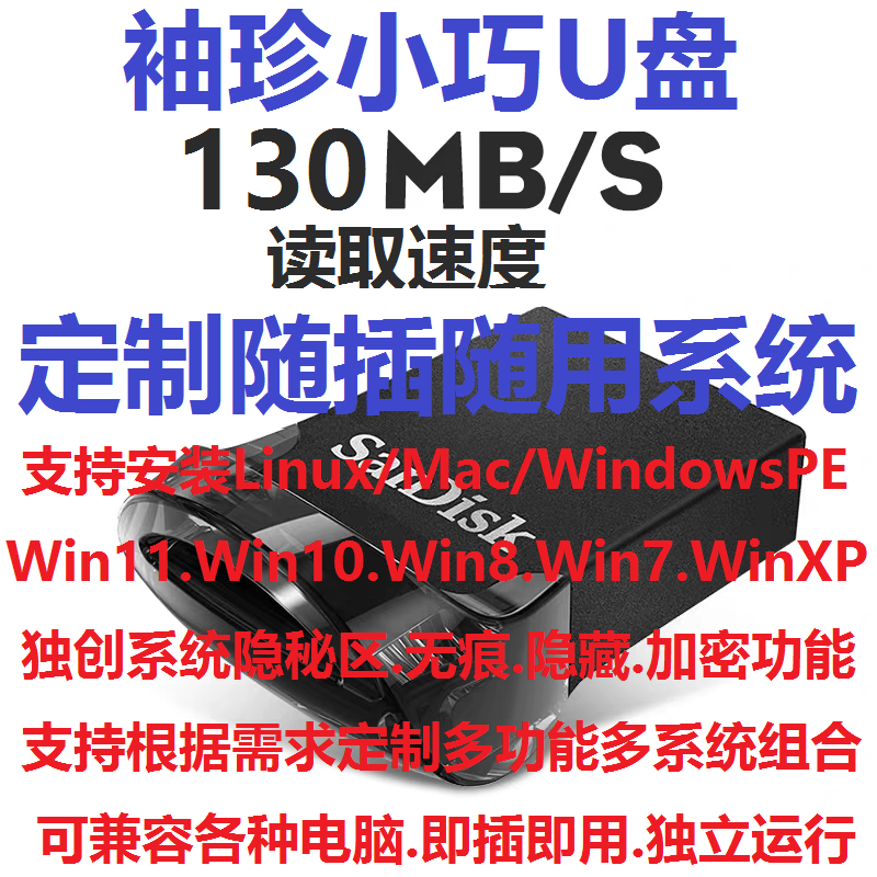 袖珍U盘定制WindowsToGo/WTG无痕系统Win7/8/10/11/XP便携USB插用