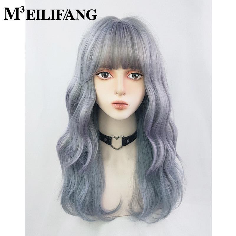 2023欧美假发女长发灰蓝色挑染渐变lolita法式卷发彩色全头套式