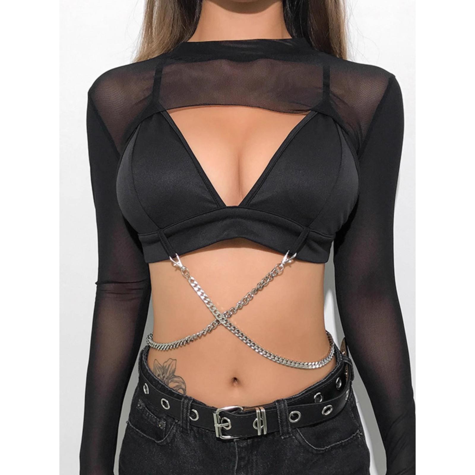 sexy long sleeve black fitted crop mesh sleeve top women sm