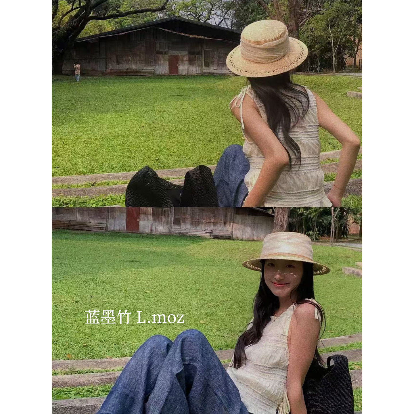 蓝墨竹L.MOZ新款平顶草帽女夏季出游拍照出片礼帽显脸小遮阳防晒