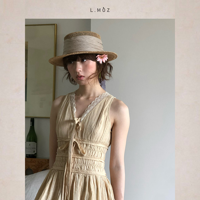 蓝墨竹平顶草帽子女款2025新款夏季遮阳帽防晒防紫外线海边沙滩帽