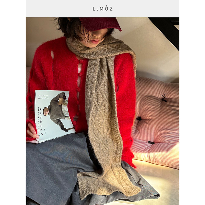 蓝墨竹定制纯色围巾女学生冬季复古麻花保暖加厚针织毛线围脖送人