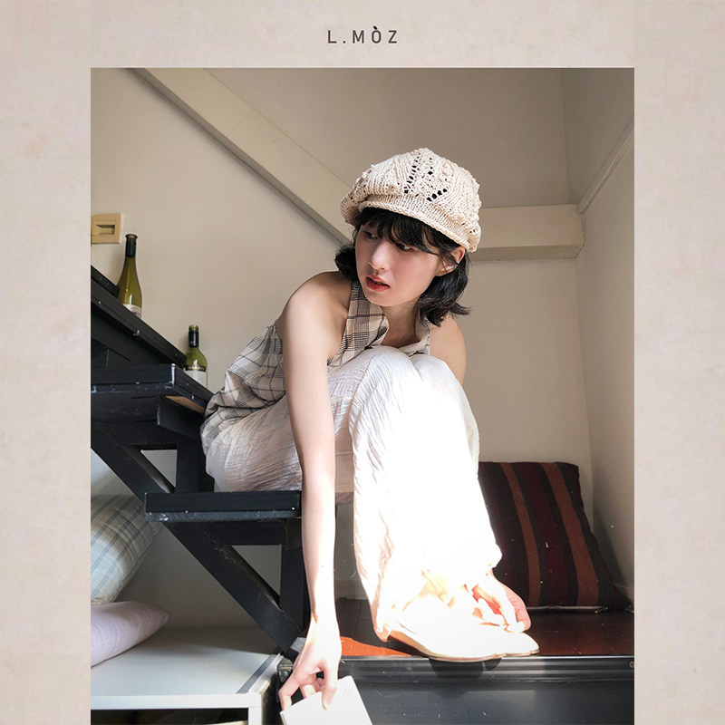 蓝墨竹L.MOZ夏季新款2025纯棉镂空贝雷帽女日系薄款针织画家帽子图片