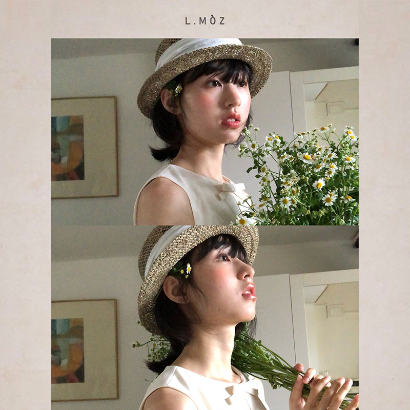 蓝墨竹L.MOZ草编帽子2025新款女夏天法式遮阳帽镂空日系平顶礼帽