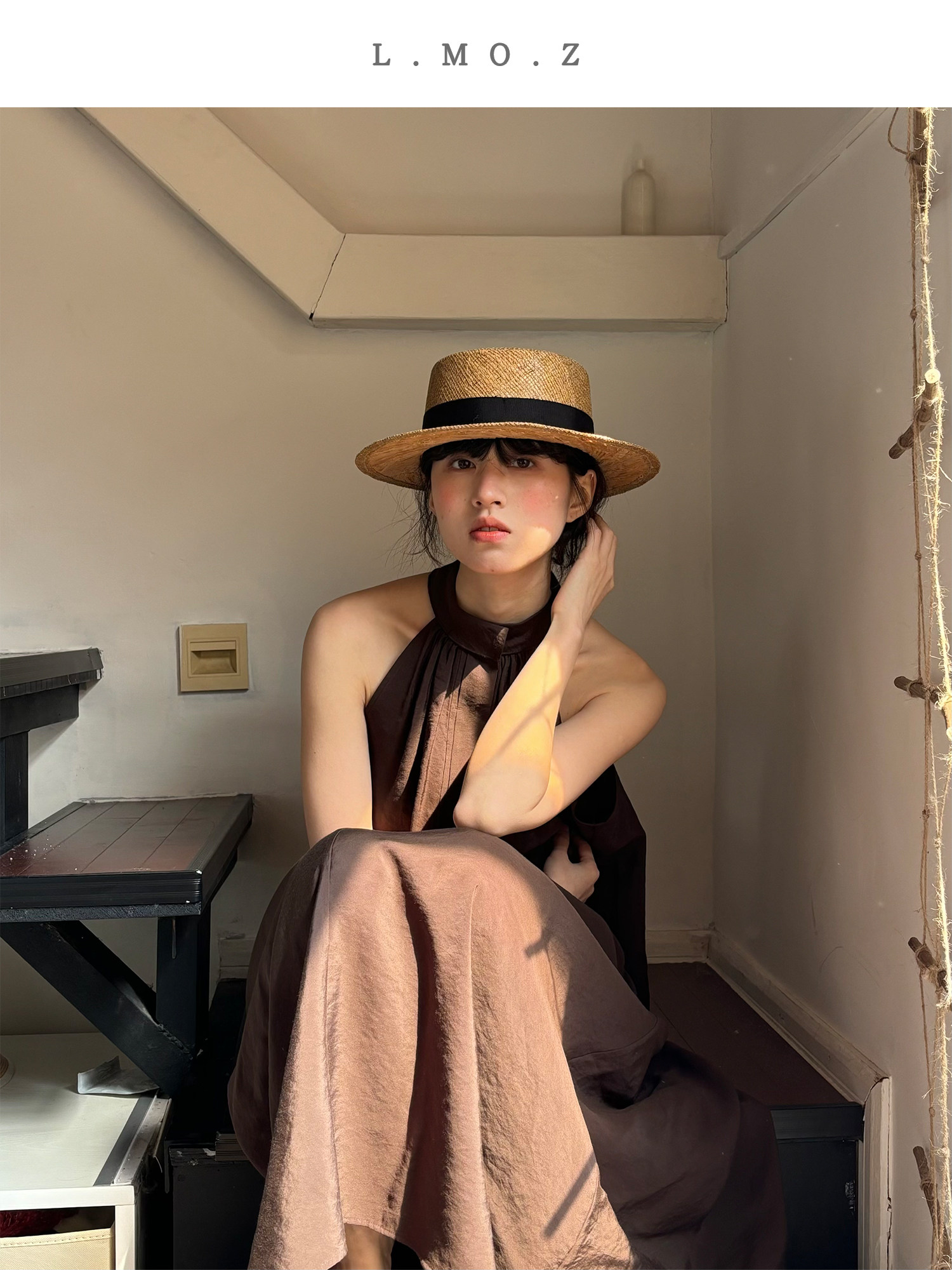蓝墨竹L.MOZ帽子2025新款女编织春夏天遮阳防晒拉菲草帽平顶法式