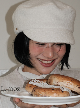 蓝墨竹LMO.Z报童帽女秋冬新款羊毛显脸小简约白色画家八角贝雷帽