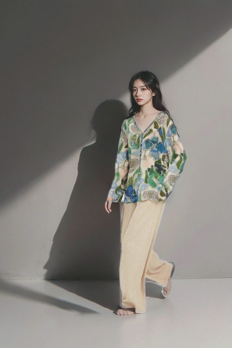 今年流行的2024夏季亲肤飘逸唯美浪漫水彩印花真丝双绉V领衬衫 特