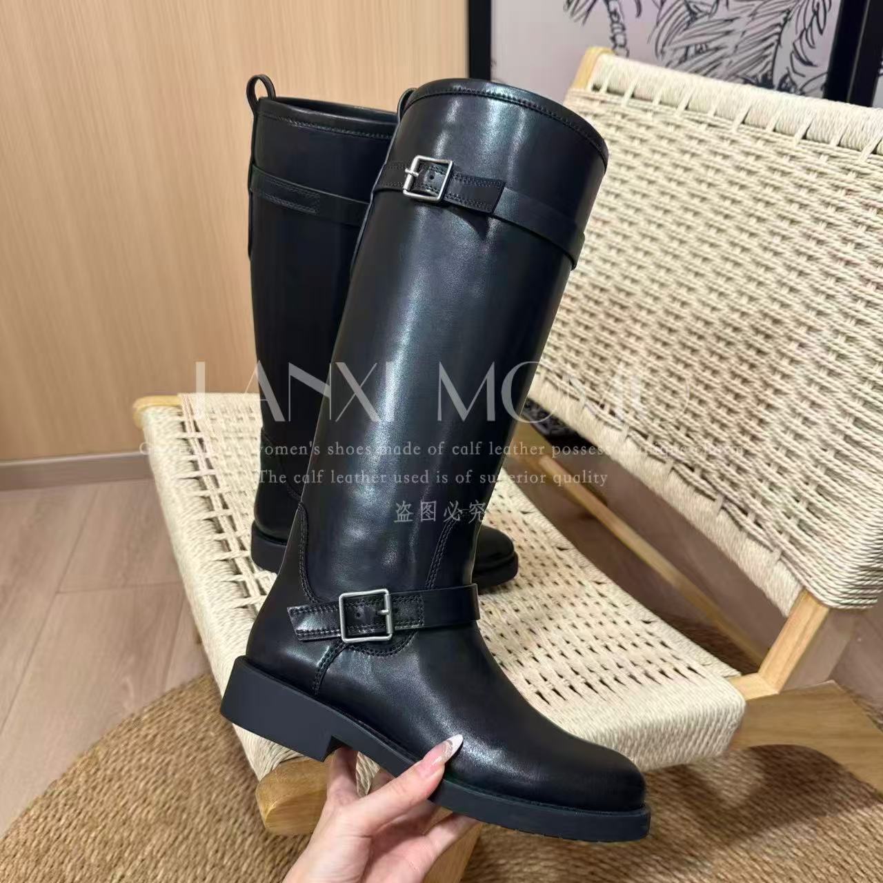 【LANXI  MOMO】优雅气质真皮长筒靴时尚英伦风弹力软底25CX609LX