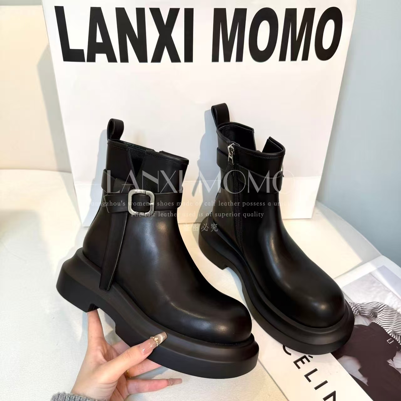 【LANXI  MOMO】时尚百搭黑色厚底英伦风秋冬圆头短靴25XZ747LX