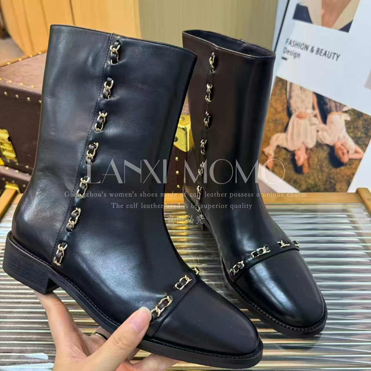 【LANXI  MOMO】休闲百搭黑色厚底英伦风圆头短靴25XZ677LX