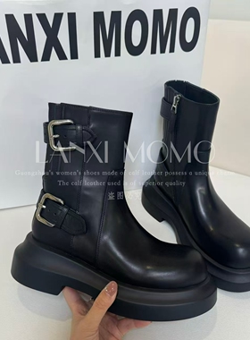 【LANXI  MOMO】时尚百搭黑色厚底英伦风秋冬圆头短靴25XZ787LX