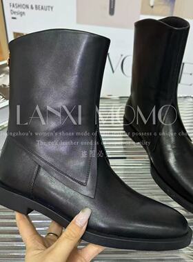 【LANXI  MOMO】百搭黑色真皮粗跟英伦风复古短靴24XZ664LX