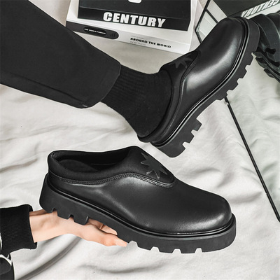 高级感原创设计黑色德比鞋子包头拖鞋潮男厚底矮跟不磨脚半拖皮鞋