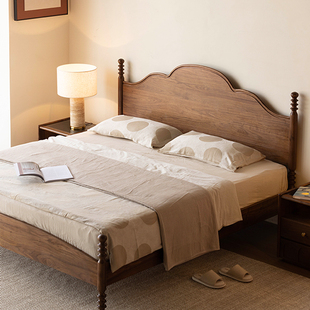 黑胡桃木床1米8双人床主卧大床中古风1.5米床家用法式复古实木床