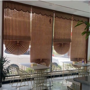 竹帘卷帘遮阳窗帘手拉升降隔断窗户遮光扇形罗马帘酒Y店饭店家用